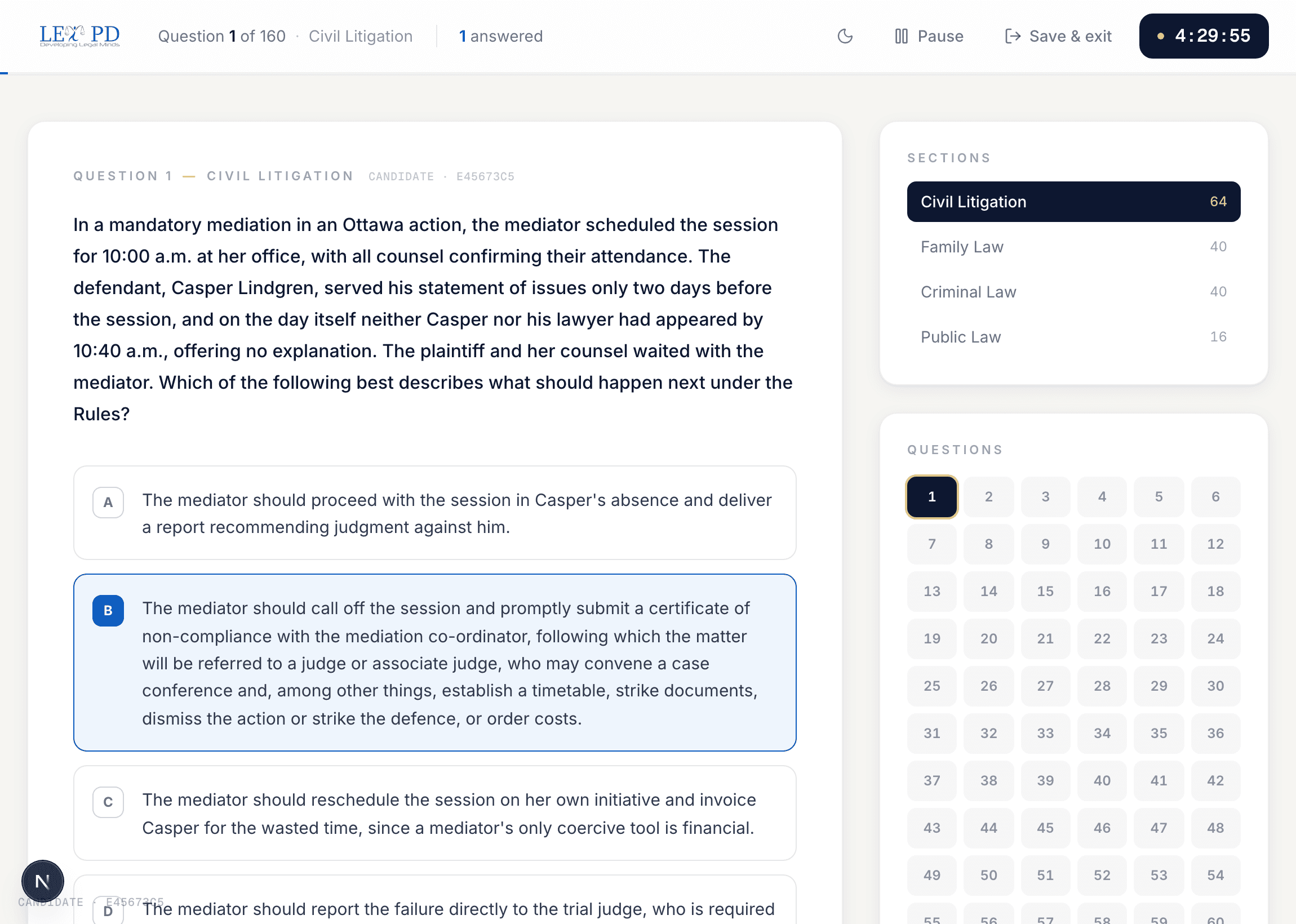 The exam screen: question, answer options, countdown timer and section navigator.