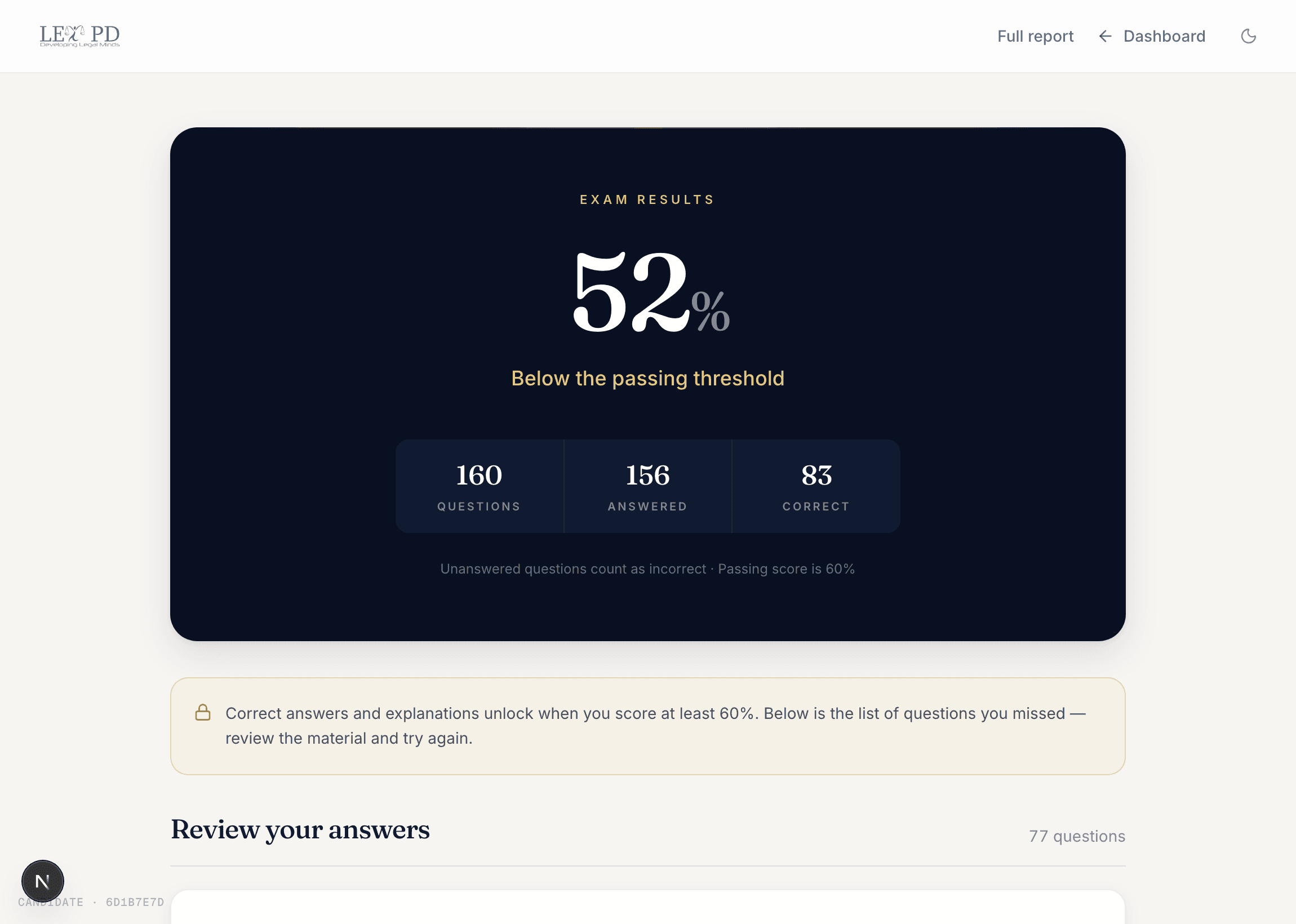 Review screen below 60%: missed questions listed with the syllabus location, explanations locked.