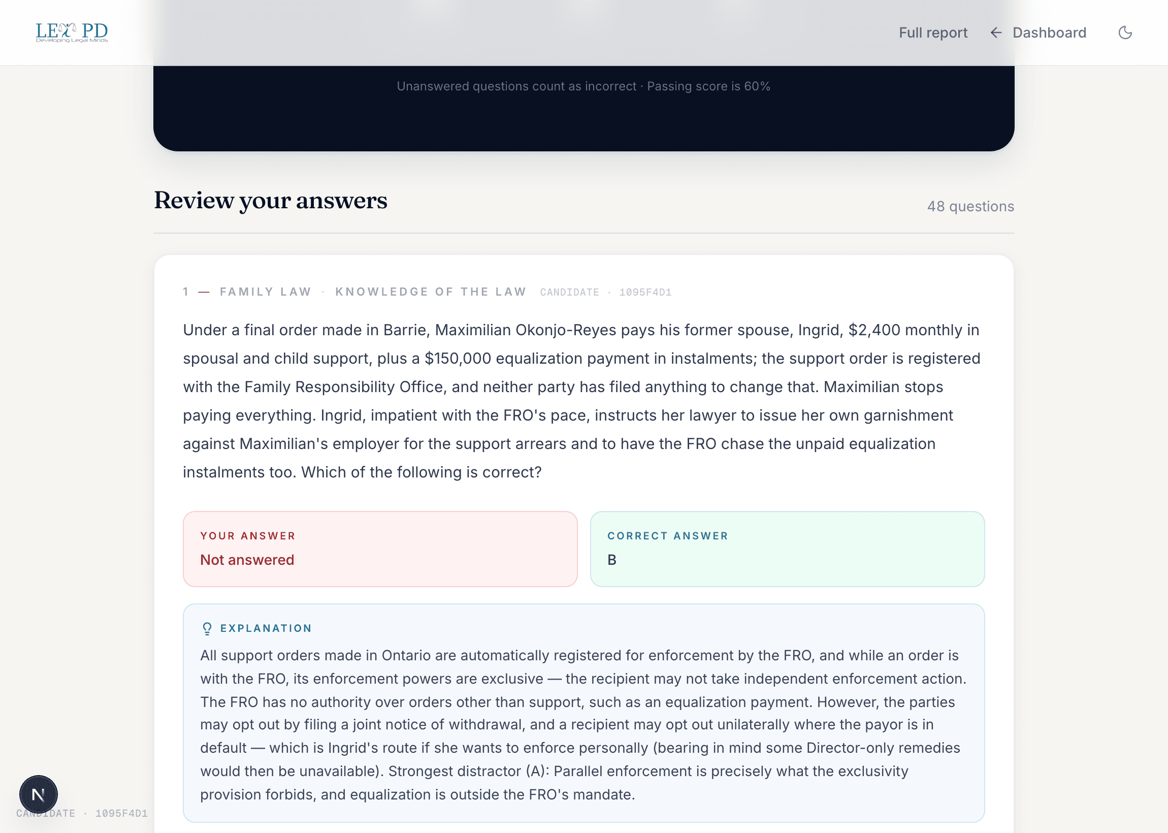 Review screen at or above 60%: a missed question with the correct answer and full explanation.